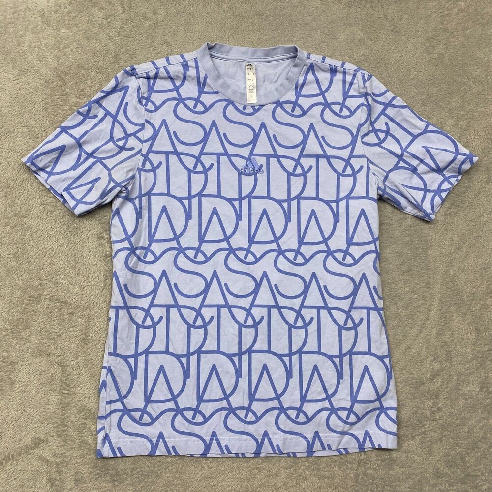 adidas Shirt Mens Small Blue All Over‎ Print Logo Crew Neck Tee Cotton